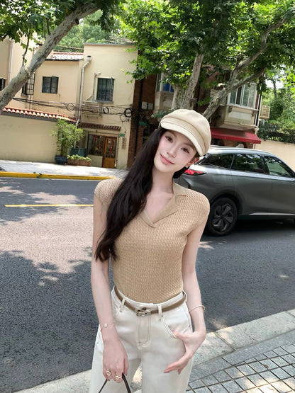 Maven Lin Sophisticated Knit Top – Women's Collared Commuter Style with Delicate Cap Sleeves (Lyocell Blend)