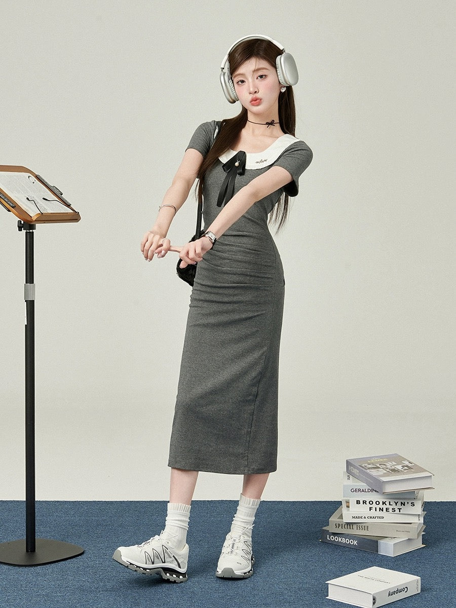 Mrs. Hualing long skirt for women summer 2024 new style drapey temperament dress doll collar pleated knitted long skirt