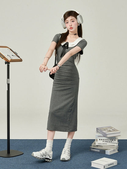 Mrs. Hualing long skirt for women summer 2024 new style drapey temperament dress doll collar pleated knitted long skirt
