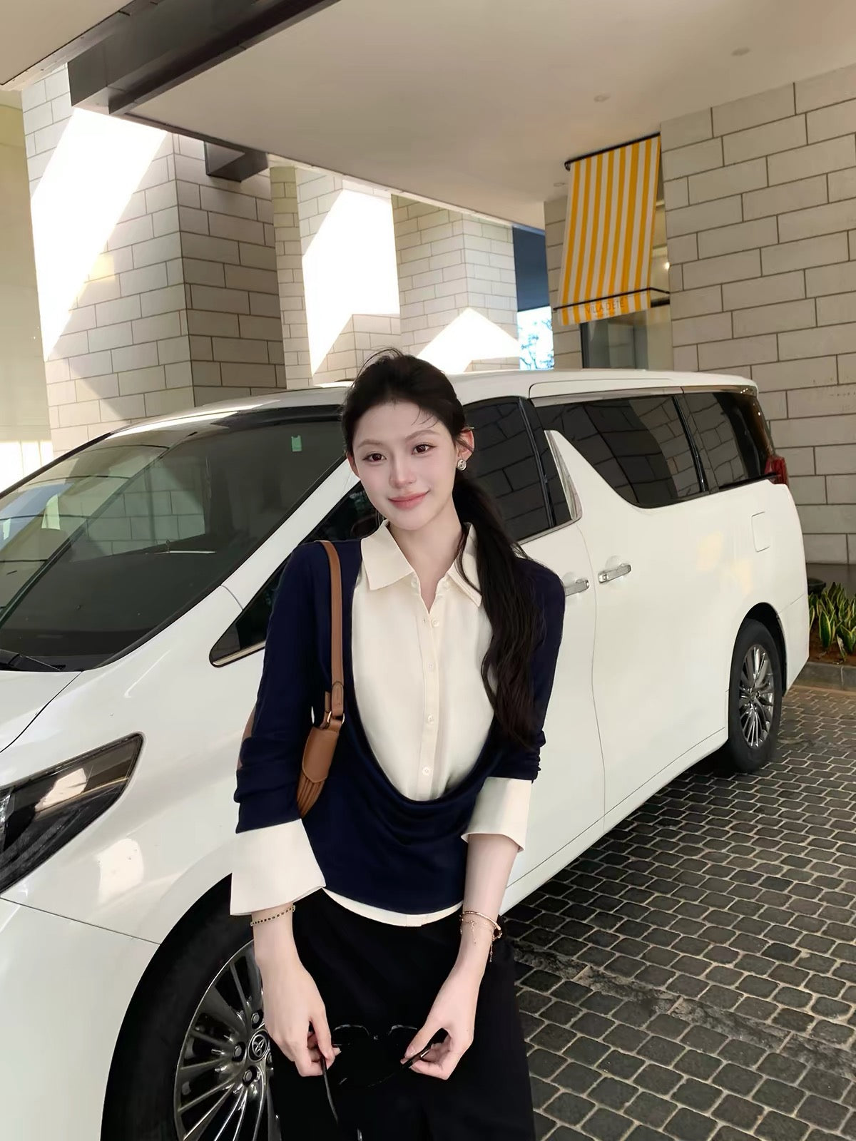 Maven Lin Commuter Diary: Women's Long-Sleeve Color-Block Top – Unique Cowl-Neck Knit with Faux-Layered Shirt Detail