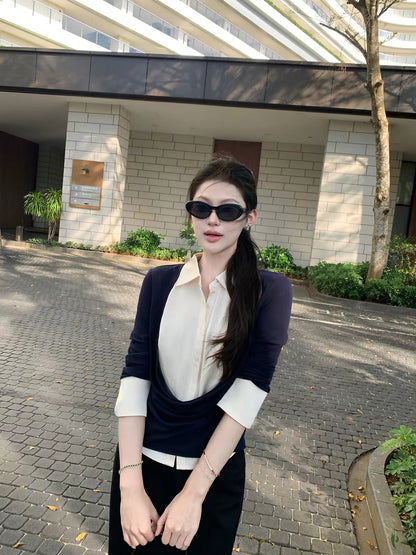 Maven Lin Commuter Diary: Women's Long-Sleeve Color-Block Top – Unique Cowl-Neck Knit with Faux-Layered Shirt Detail