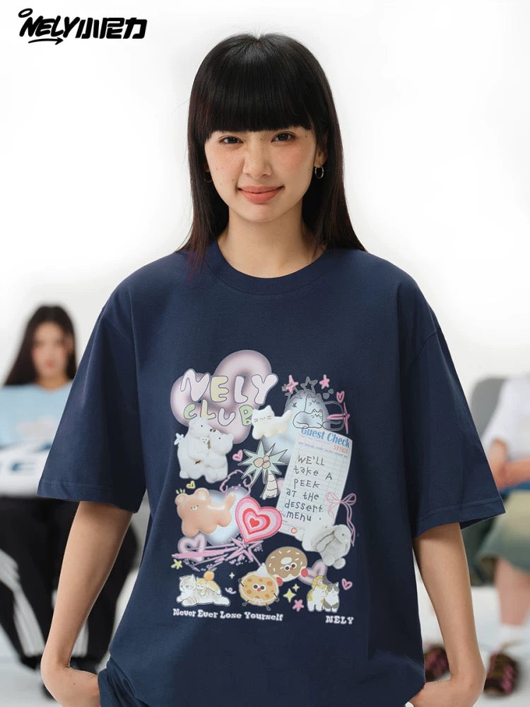 NELY Little Nelly cute age-reducing trendy brand cartoon print short-sleeved T-shirt for men and women 25 new summer half-sleeved tops