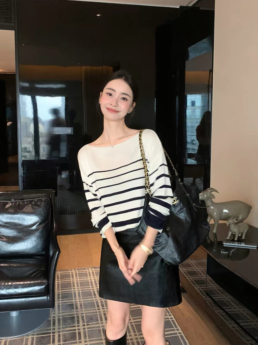 Maven Lin – Effortless Elegance: Classic Striped Boat-Neck Knit Top – A Chic, Loose-Fit Long-Sleeve Essential