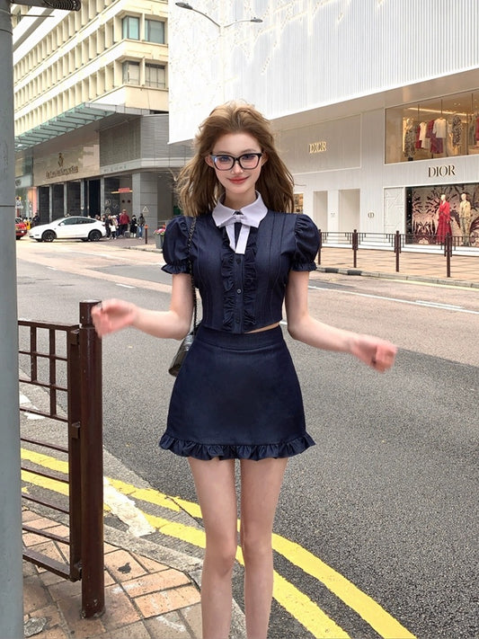 Drawing interpretation of WHAJU Manhattan neighborhood retro style puff sleeve denim shirt women's summer skirt two-piece set