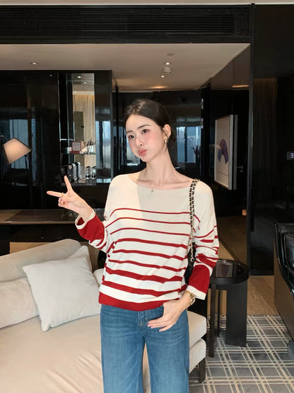Maven Lin – Effortless Elegance: Classic Striped Boat-Neck Knit Top – A Chic, Loose-Fit Long-Sleeve Essential