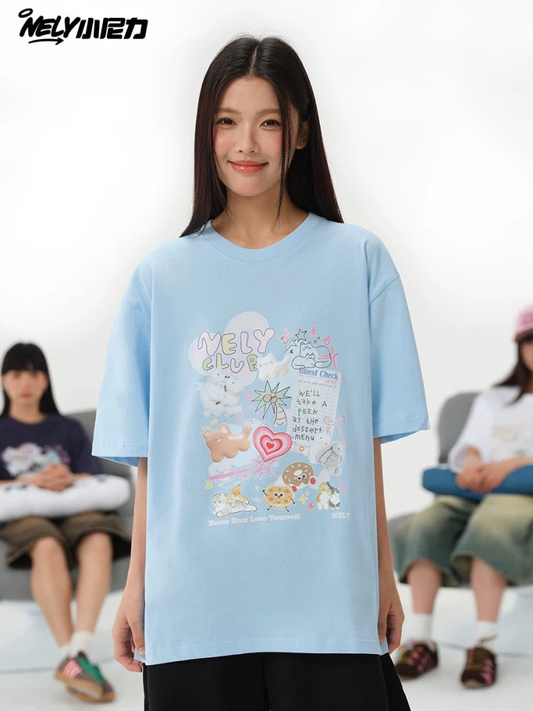 NELY Little Nelly cute age-reducing trendy brand cartoon print short-sleeved T-shirt for men and women 25 new summer half-sleeved tops