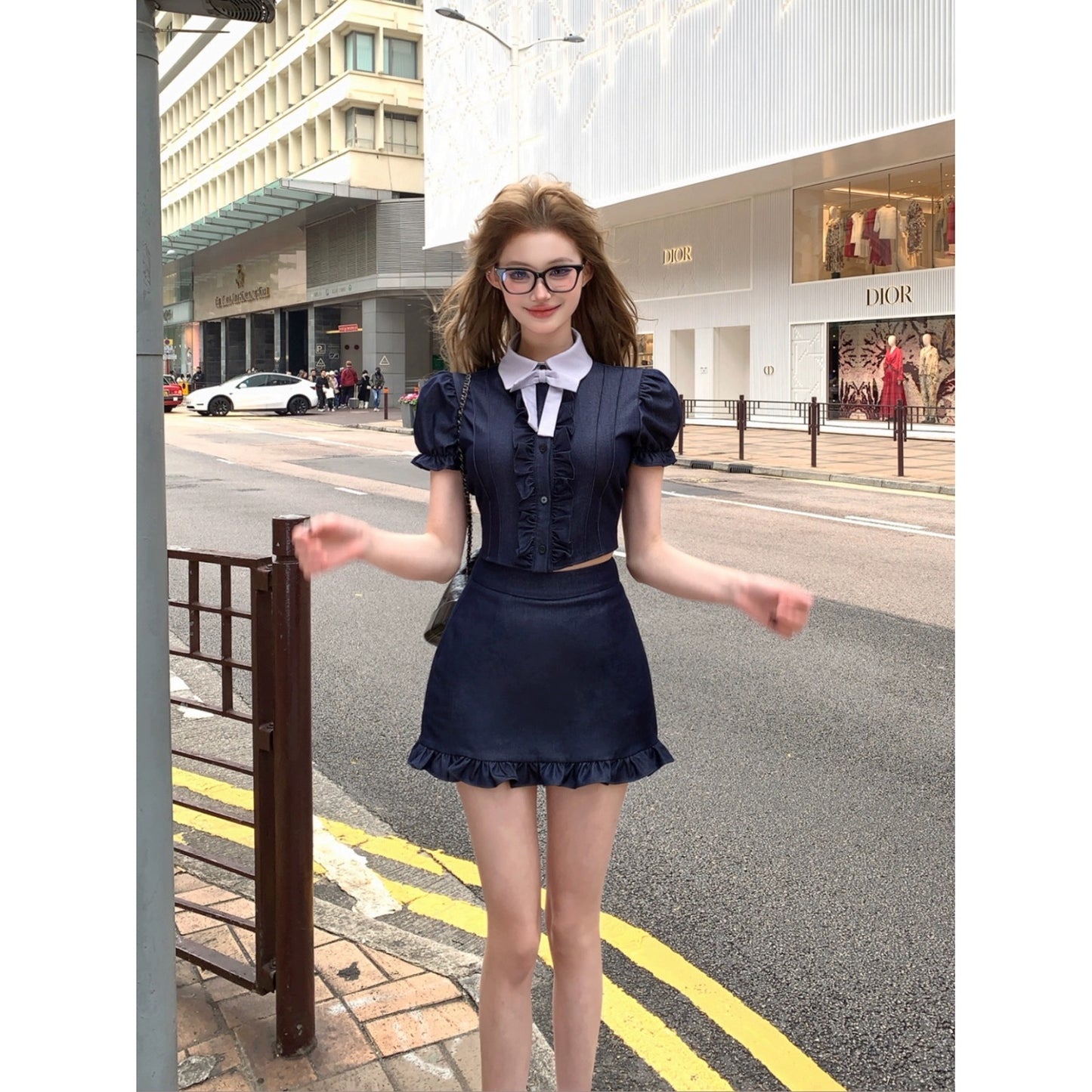 Drawing interpretation of WHAJU Manhattan neighborhood retro style puff sleeve denim shirt women's summer skirt two-piece set