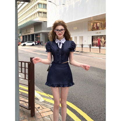 Drawing interpretation of WHAJU Manhattan neighborhood retro style puff sleeve denim shirt women's summer skirt two-piece set