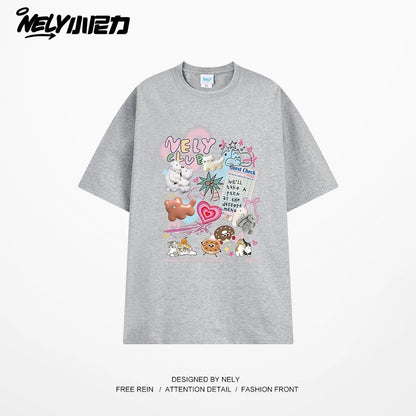 NELY Little Nelly cute age-reducing trendy brand cartoon print short-sleeved T-shirt for men and women 25 new summer half-sleeved tops