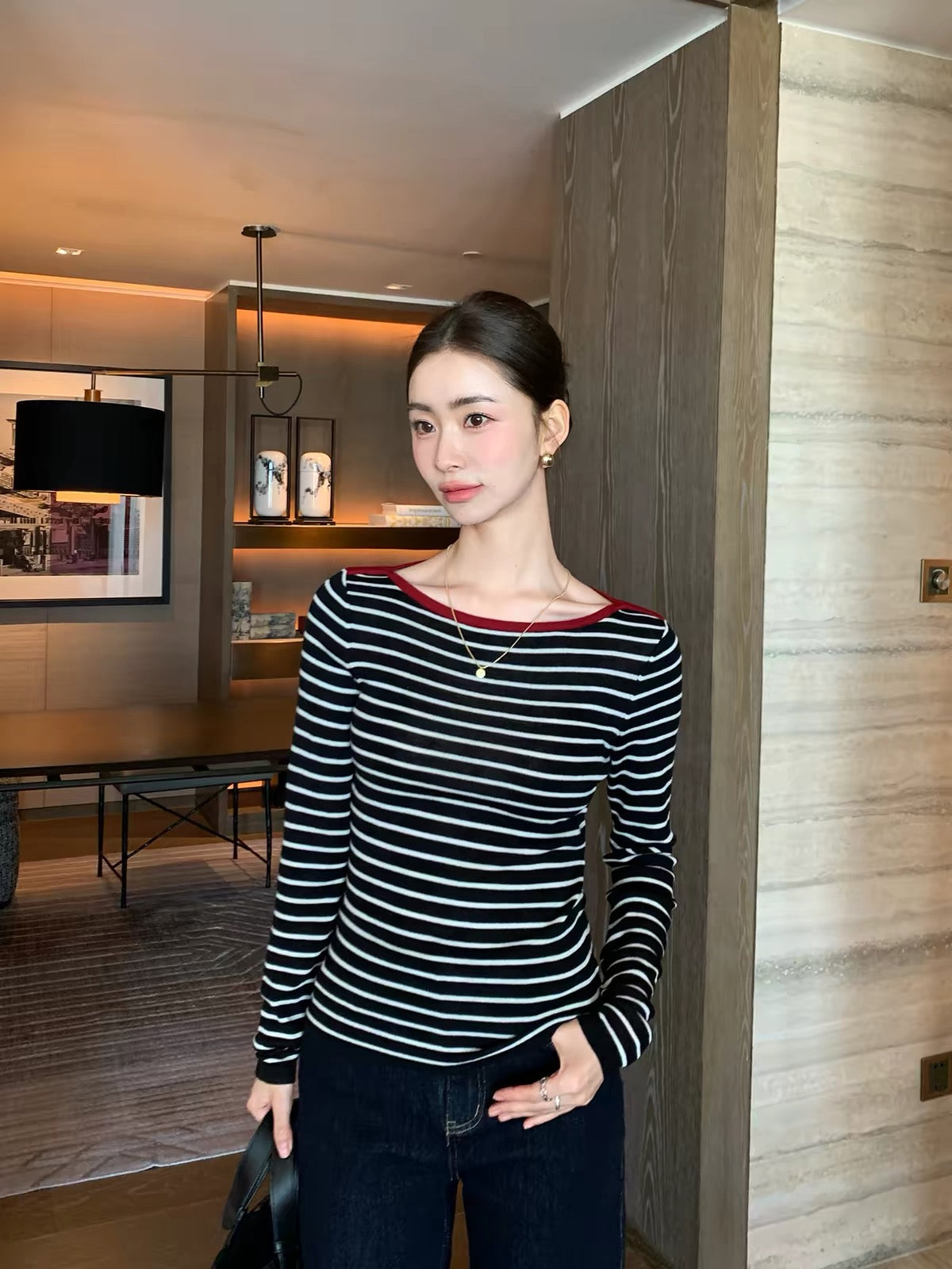 Maven Lin Women's Lightweight & Warm Wool Boat-Neck Knit Top – Slim-Fit Striped Base Layer