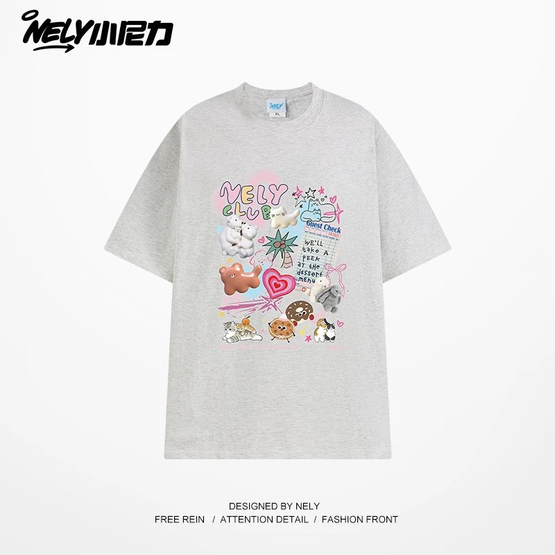 NELY Little Nelly cute age-reducing trendy brand cartoon print short-sleeved T-shirt for men and women 25 new summer half-sleeved tops