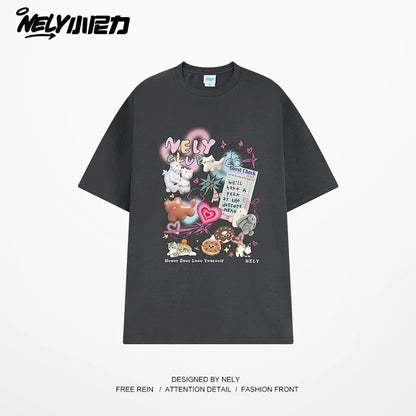 NELY Little Nelly cute age-reducing trendy brand cartoon print short-sleeved T-shirt for men and women 25 new summer half-sleeved tops