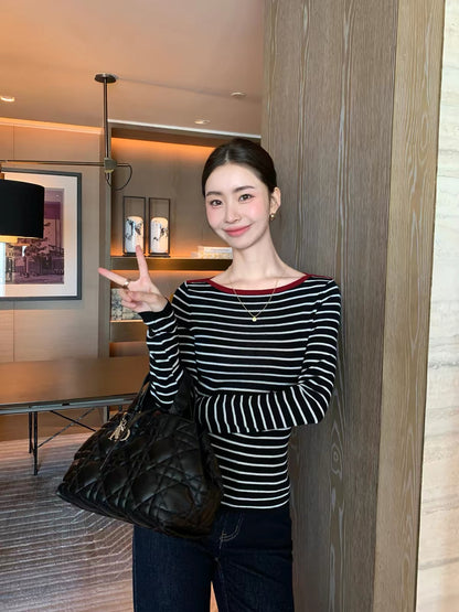 Maven Lin Women's Lightweight & Warm Wool Boat-Neck Knit Top – Slim-Fit Striped Base Layer