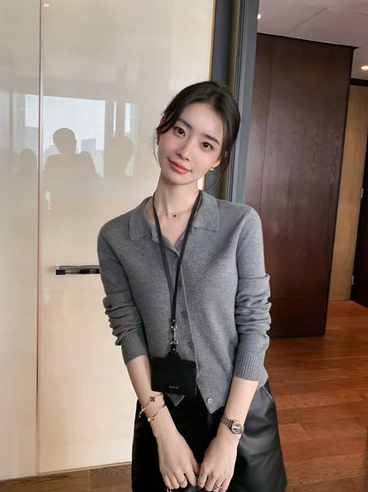 Maven Lin Women's "Old Money" Style Wool Knit Cardigan – Minimalist Slim-Fit Collared Knit Top