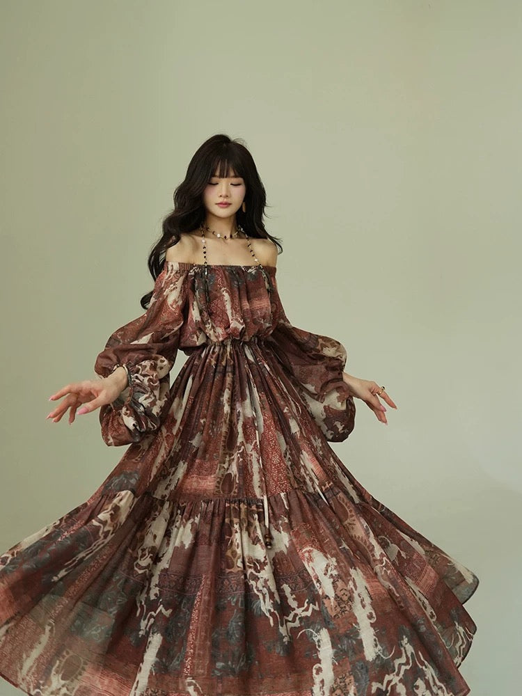 Aconiconi｜Wilderness Shepherd Bohemian Retro Print Nomadic Vacation Niche Design Dress