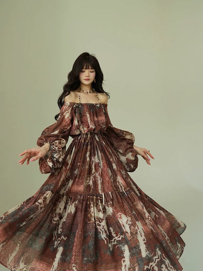 Aconiconi｜Wilderness Shepherd Bohemian Retro Print Nomadic Vacation Niche Design Dress