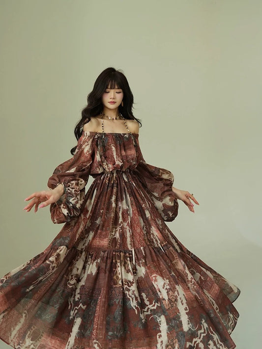 Aconiconi｜Wilderness Shepherd Bohemian Retro Print Nomadic Vacation Niche Design Dress