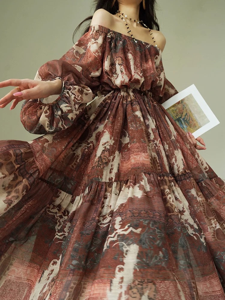 Aconiconi｜Wilderness Shepherd Bohemian Retro Print Nomadic Vacation Niche Design Dress