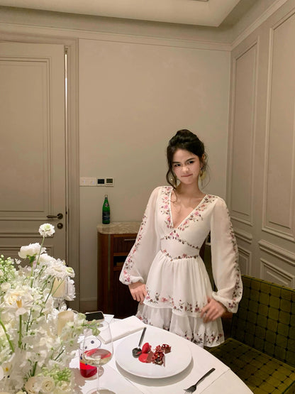 GYOKUU [Barcelona] White Embroidered Chiffon Dress with Bouquet Design