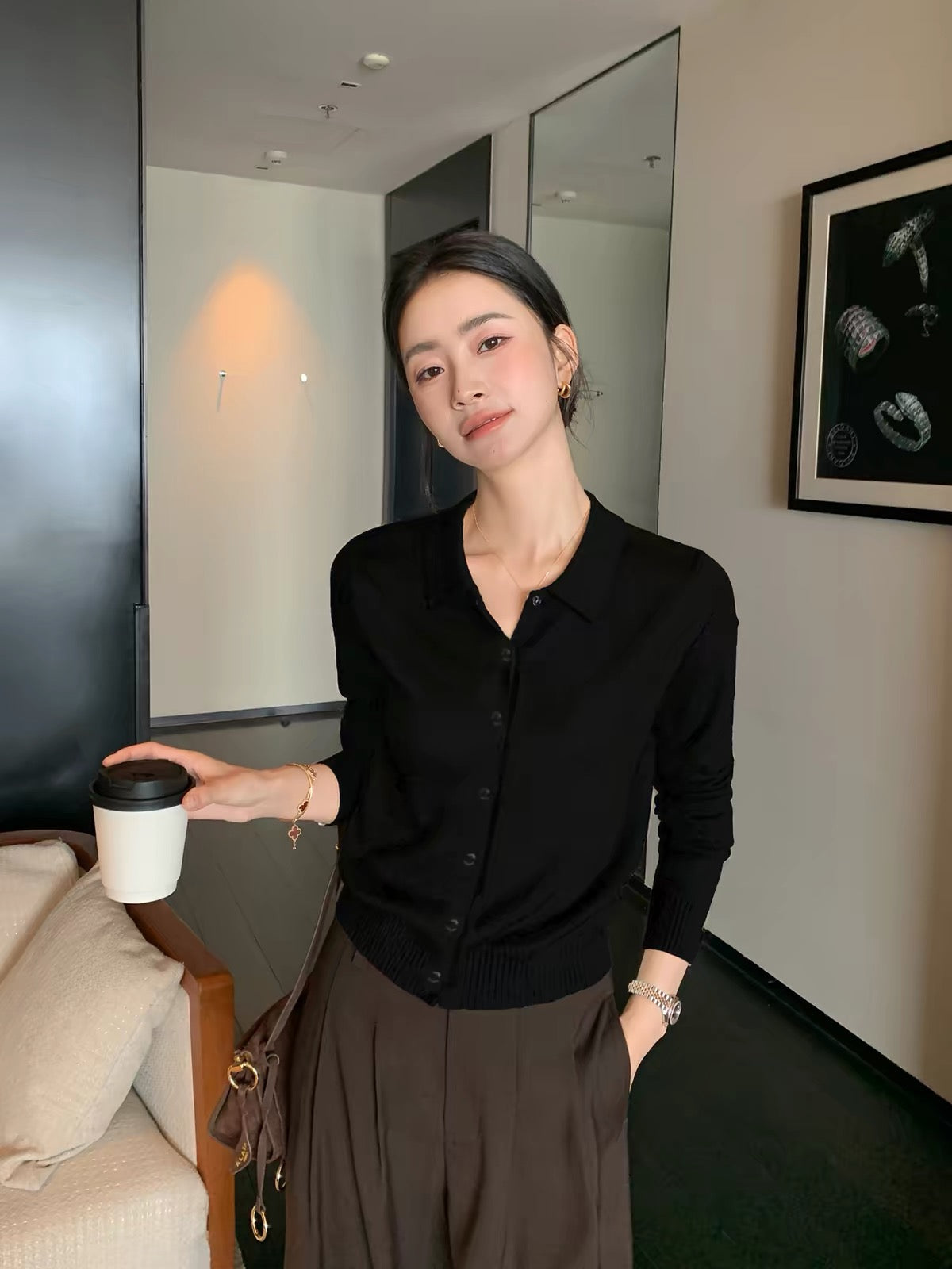 Maven Lin Women's "Old Money" Style Wool Knit Cardigan – Minimalist Slim-Fit Collared Knit Top