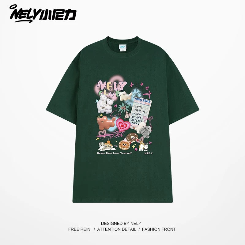 NELY Little Nelly cute age-reducing trendy brand cartoon print short-sleeved T-shirt for men and women 25 new summer half-sleeved tops