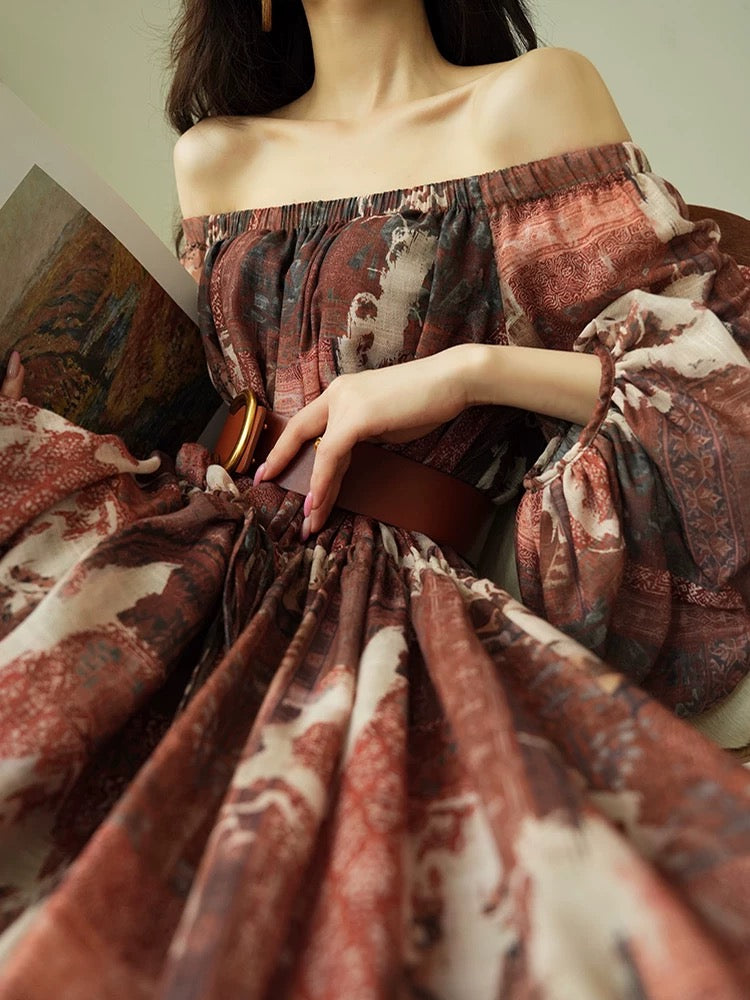 Aconiconi｜Wilderness Shepherd Bohemian Retro Print Nomadic Vacation Niche Design Dress
