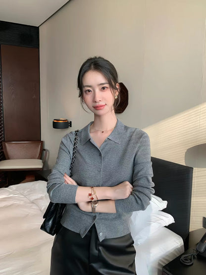 Maven Lin Women's "Old Money" Style Wool Knit Cardigan – Minimalist Slim-Fit Collared Knit Top