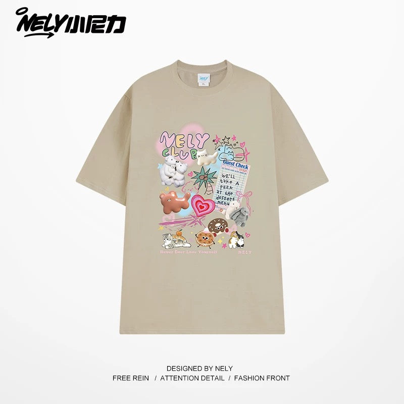 NELY Little Nelly cute age-reducing trendy brand cartoon print short-sleeved T-shirt for men and women 25 new summer half-sleeved tops