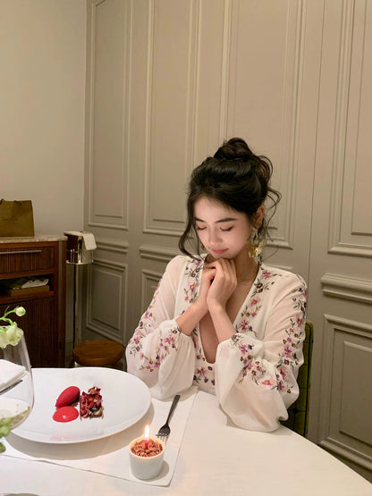 GYOKUU [Barcelona] White Embroidered Chiffon Dress with Bouquet Design