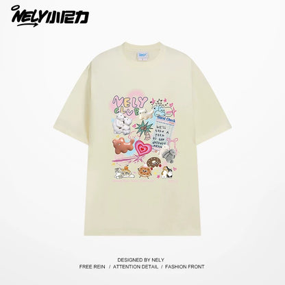 NELY Little Nelly cute age-reducing trendy brand cartoon print short-sleeved T-shirt for men and women 25 new summer half-sleeved tops