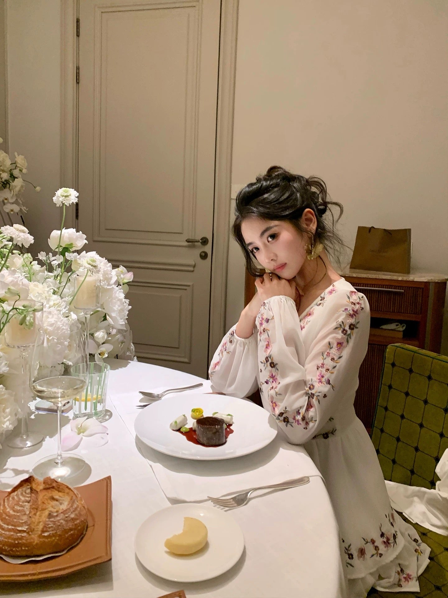 GYOKUU [Barcelona] White Embroidered Chiffon Dress with Bouquet Design