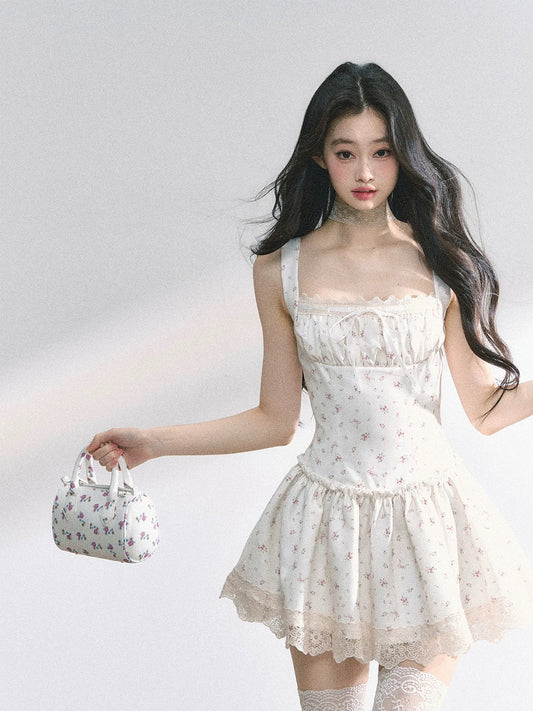 AOMALM's "Locust and White Pear" Summer Exquisite French Lace Dress for Women, Summer Puff Skirt, Short Skirt