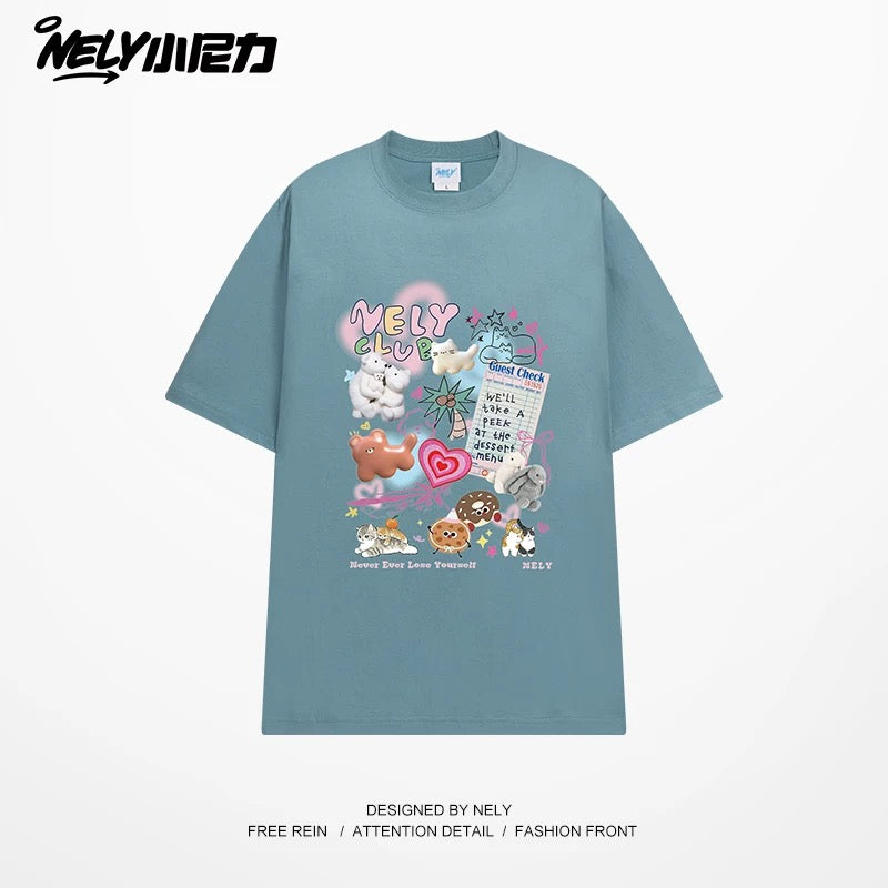 NELY Little Nelly cute age-reducing trendy brand cartoon print short-sleeved T-shirt for men and women 25 new summer half-sleeved tops