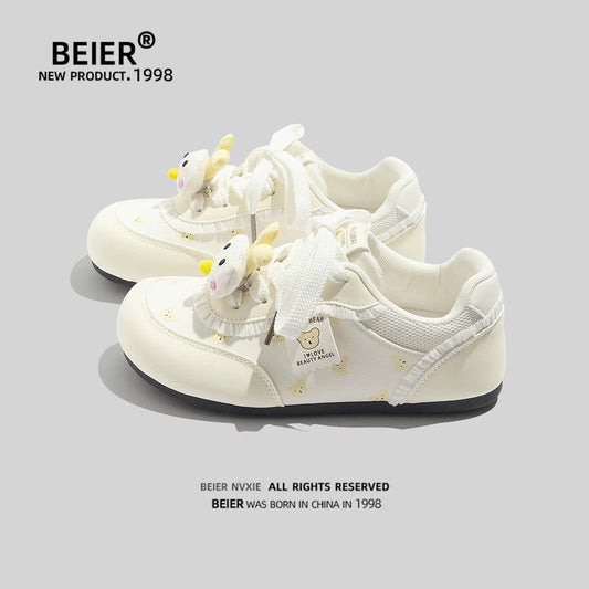 BEIER cute printed white shoes 2025 new summer leather flat bottom soft bottom niche casual sneakers for women