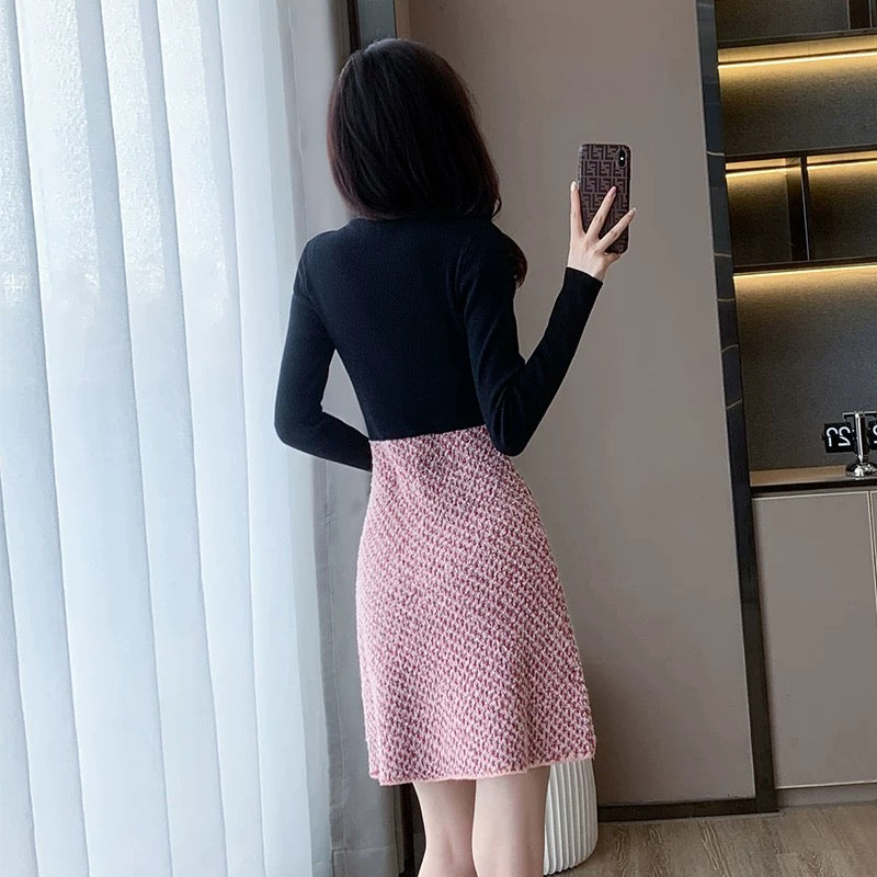 Autumn French-style elegant black long-sleeved A-line knit dress for petite women, perfect for autumn and 2024.