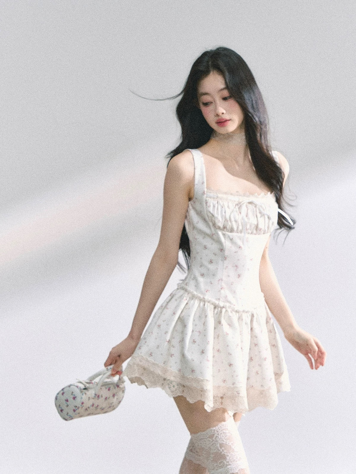 AOMALM's "Locust and White Pear" Summer Exquisite French Lace Dress for Women, Summer Puff Skirt, Short Skirt