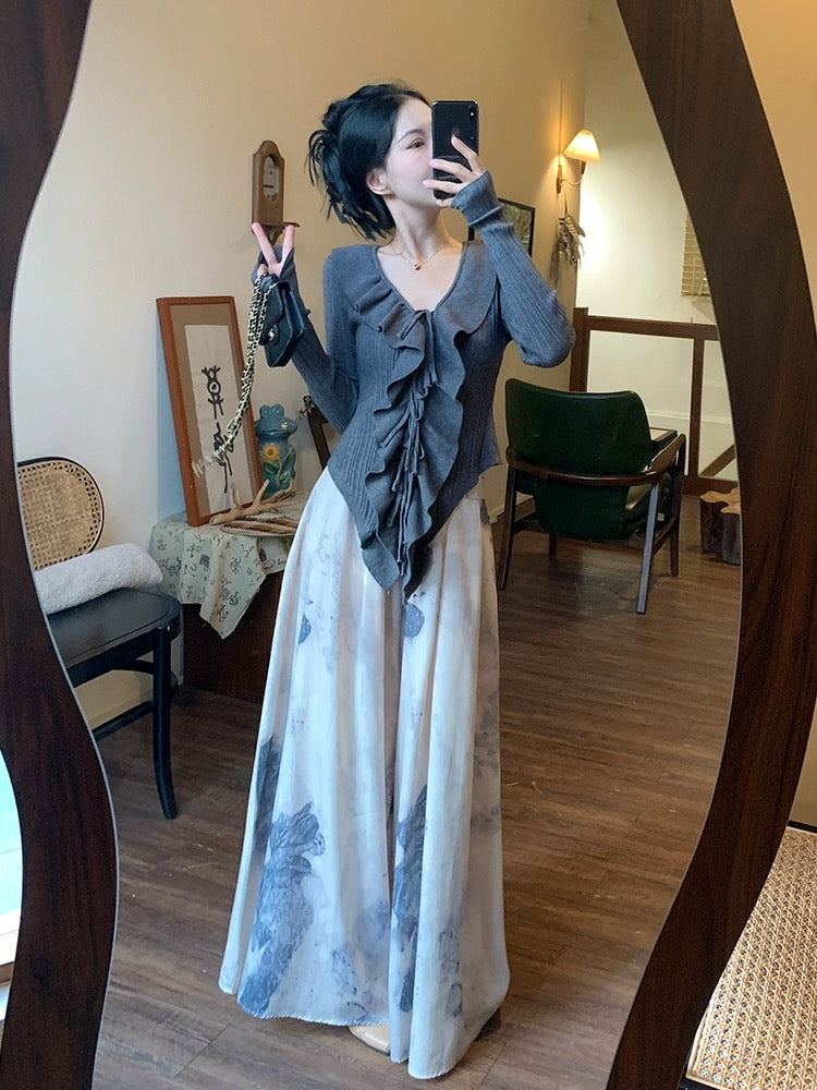 Early spring outfit set 2024 new Chinese style women's ruffled knitted cardigan + printed culottes Chinese style wide leg pants