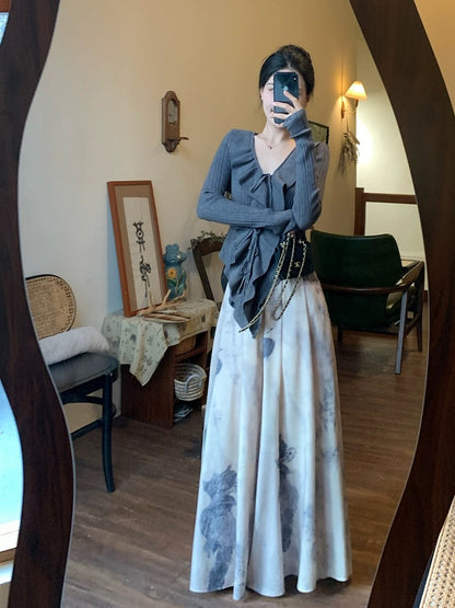 Early spring outfit set 2024 new Chinese style women's ruffled knitted cardigan + printed culottes Chinese style wide leg pants