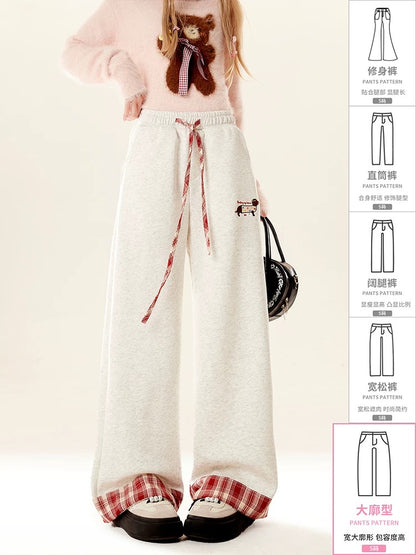 Natural gray American curled wide-leg sports pants for women in autumn and winter loose straight casual women's long pants