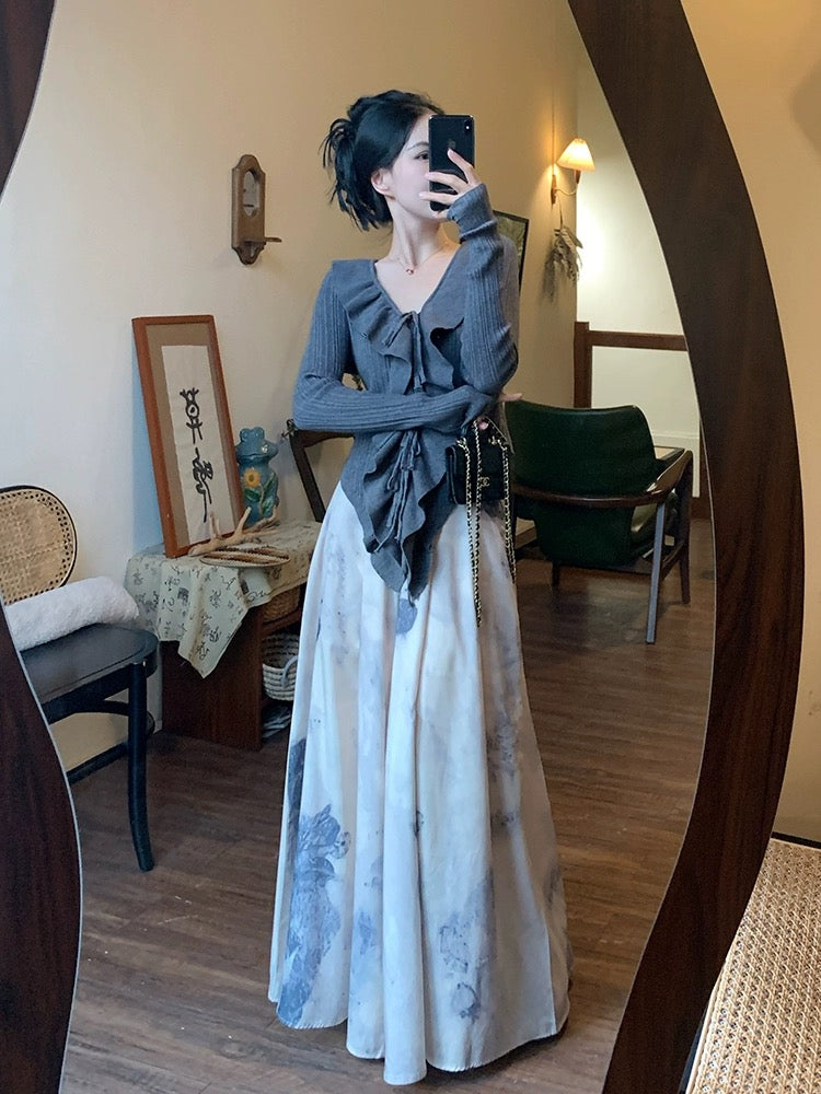 Early spring outfit set 2024 new Chinese style women's ruffled knitted cardigan + printed culottes Chinese style wide leg pants