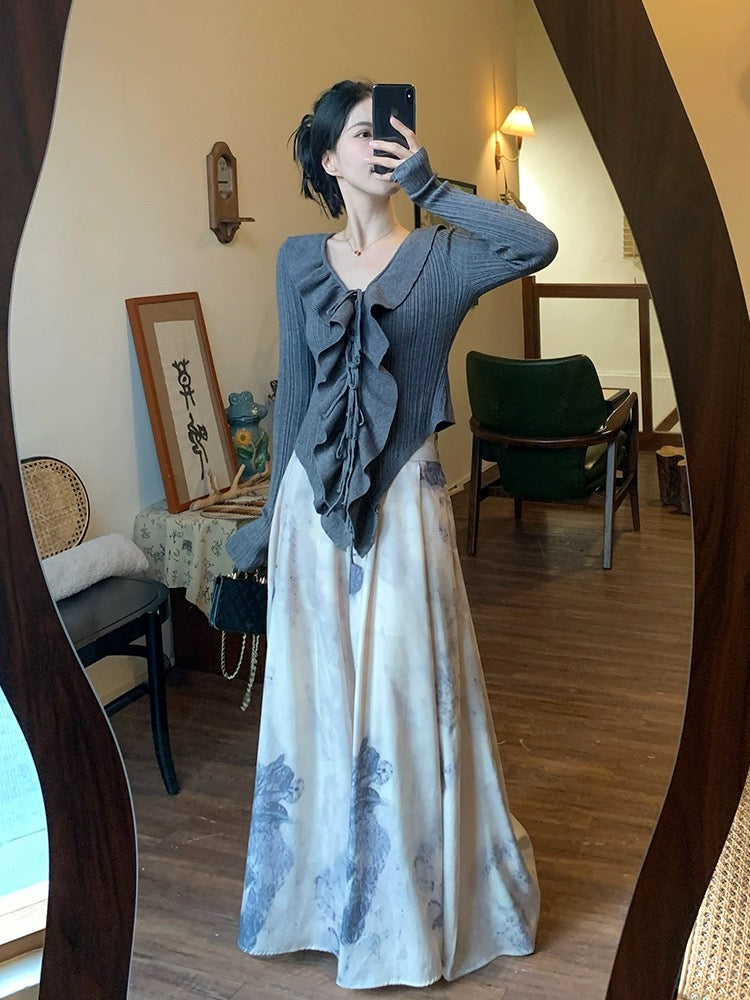 Early spring outfit set 2024 new Chinese style women's ruffled knitted cardigan + printed culottes Chinese style wide leg pants