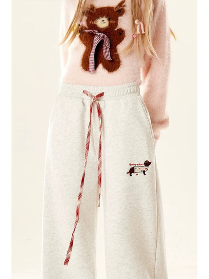 Natural gray American curled wide-leg sports pants for women in autumn and winter loose straight casual women's long pants