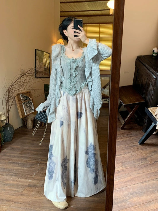 Maillard Outfit Set Gray Ruffled Knitted Cardigan for Women + Water Gray Lace Suspenders + Tie-dyed Skirts