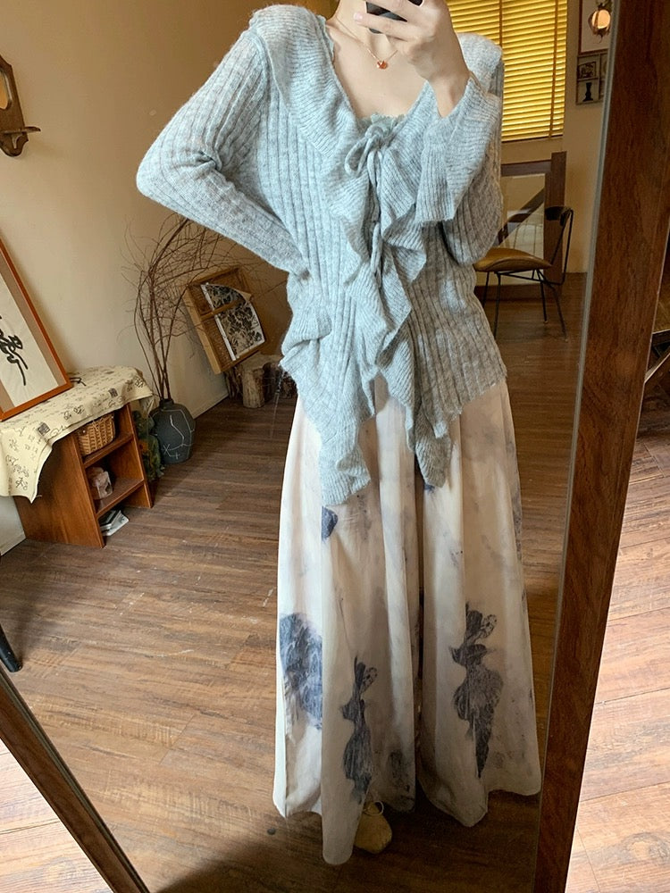 Maillard Outfit Set Gray Ruffled Knitted Cardigan for Women + Water Gray Lace Suspenders + Tie-dyed Skirts
