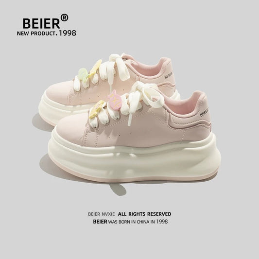 BEIER pink thick-soled white shoes for women 2025 spring new niche height-enhancing casual hot-selling fashion sneakers