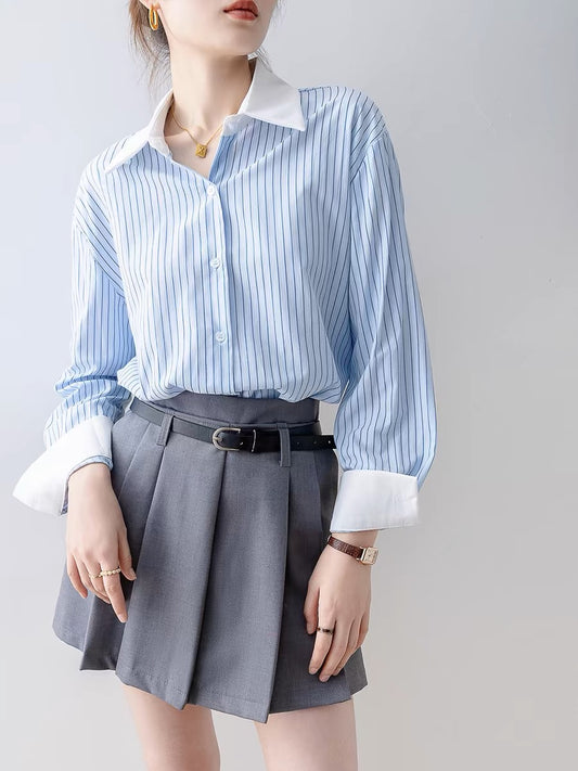 2024 early spring new top loose long-sleeved striped blue shirt French niche spring women's European shirt