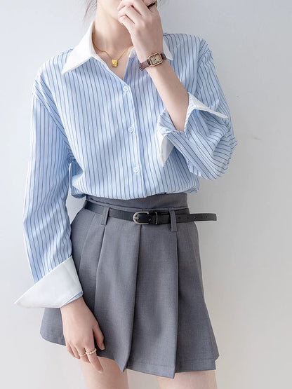 2024 early spring new top loose long-sleeved striped blue shirt French niche spring women's European shirt