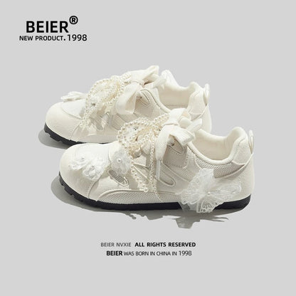 BEIER mesh breathable white shoes 2025 lightweight low-top casual versatile German training shoes niche bow sneakers