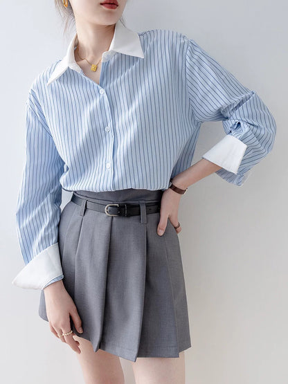 2024 early spring new top loose long-sleeved striped blue shirt French niche spring women's European shirt