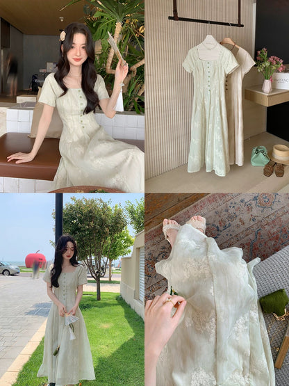 Miss Chipmunk Designer Dress Private Collection Square Neck Dress Summer Women's Artistic Everyday Long Dress